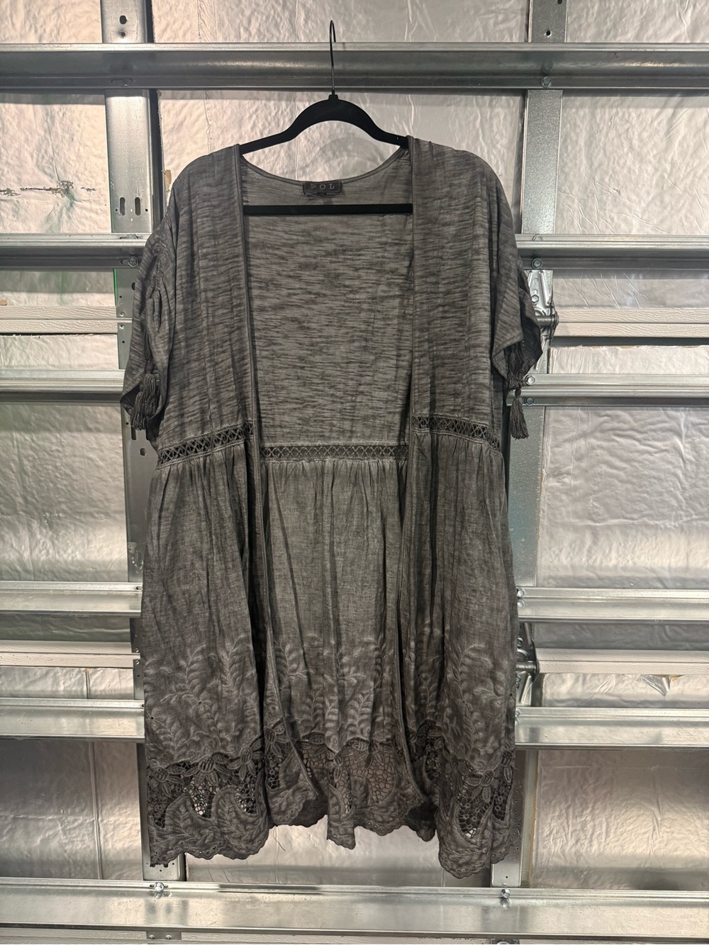 POL Gray Embroidered Open Front Kimono Cardigan
